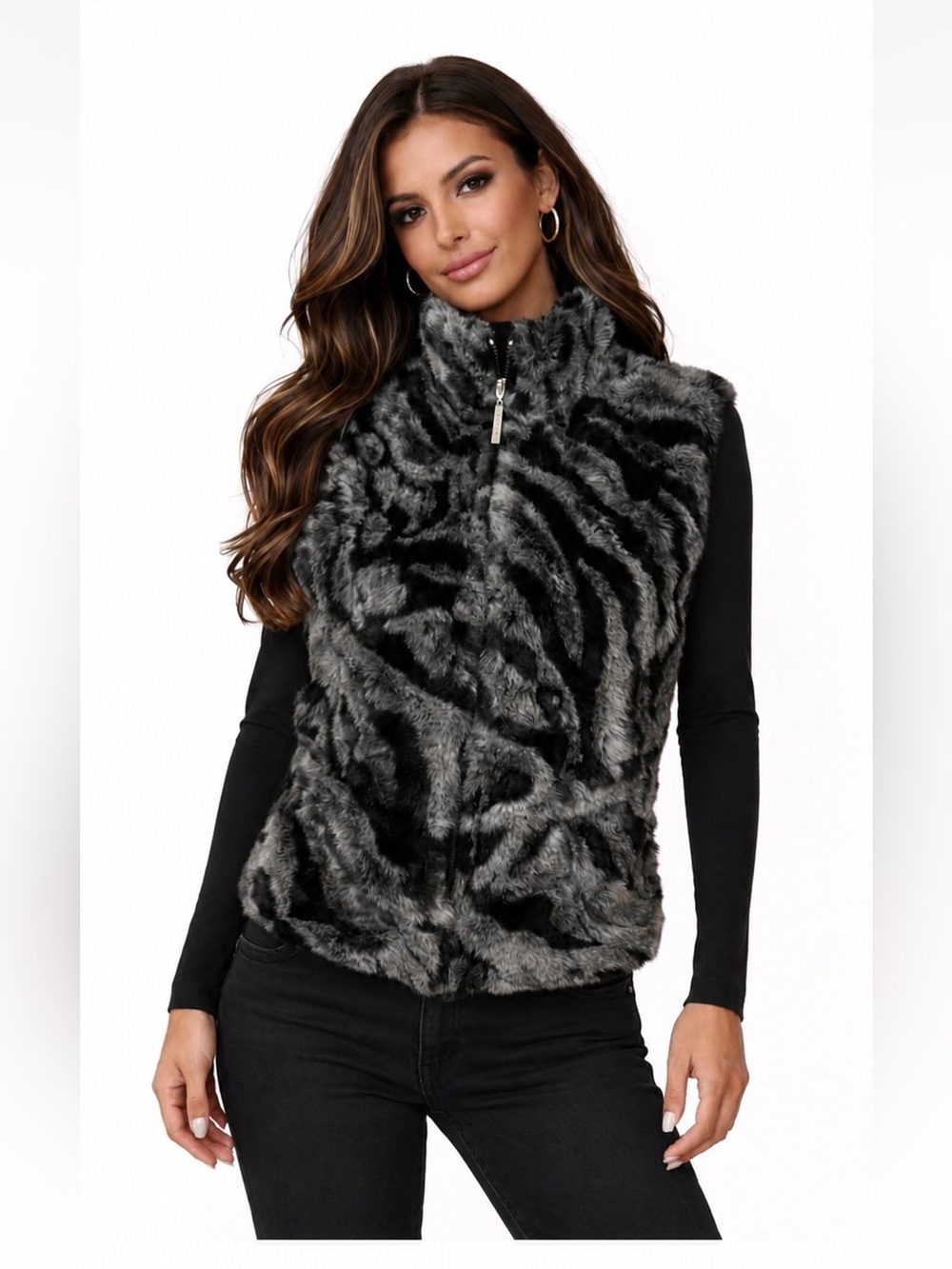 Women’s Faux Fur Vest Black Gray Zip Front High Neck Size L Vintage Style